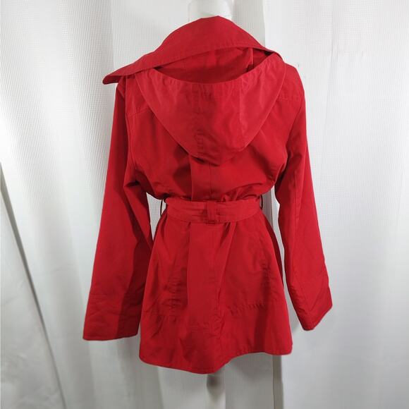 LONDON FOG "TOWNE!" RACY RED COTTON DUCK BELTED RAINCOAT, W/BUTTON ON HOOD! SZ L - Picture 8 of 13